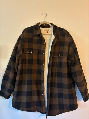 Redhead Sherpa-Lined Shacket - Black & Brown Insulated Flannel Button Down